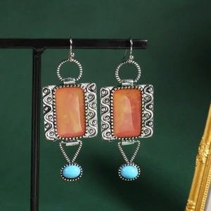 Unique Vintage Inspired Boho Amber and Turquoise Square Drop earrings